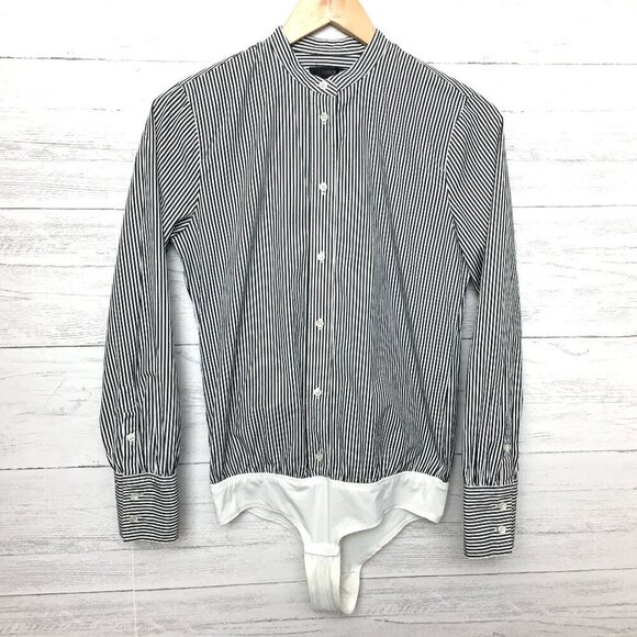J. Crew Black White Stripe Shirt Stretch Tailored Perfect Bodysuit Long Sleeve 4 - Picture 1 of 9